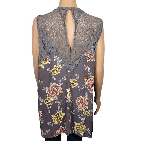 Torrid Women's Lace Mock Neck Floral Flowy Grey Tank Keyhole Back Size 1 (14/16) - Picture 7 of 11